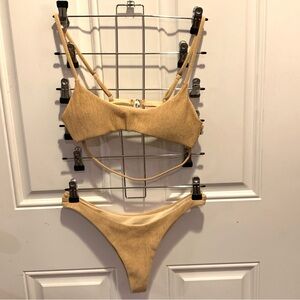 Golden Tan Textured Minimalist Teeny Bikini Set Swimwear Bra & Bottom Size S